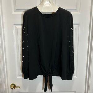 Skonhet Tie Waist Rhinestone Detail Black Blouse